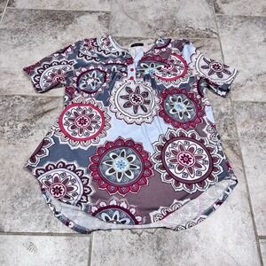 Basico Blouse Top Women's XL Shirt Paisley Short Sleeve Henley